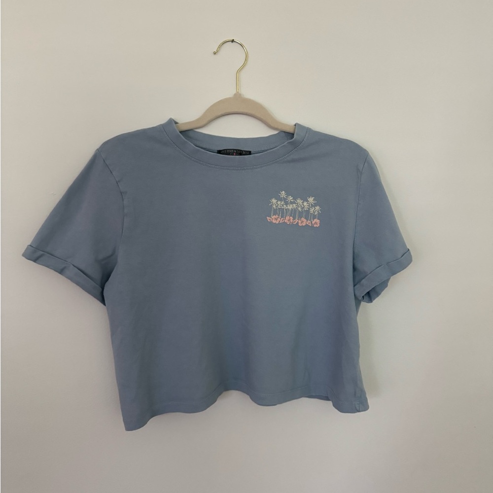 Aloha Beaches Blue Cropped T-Shirt with Floral Embroidery